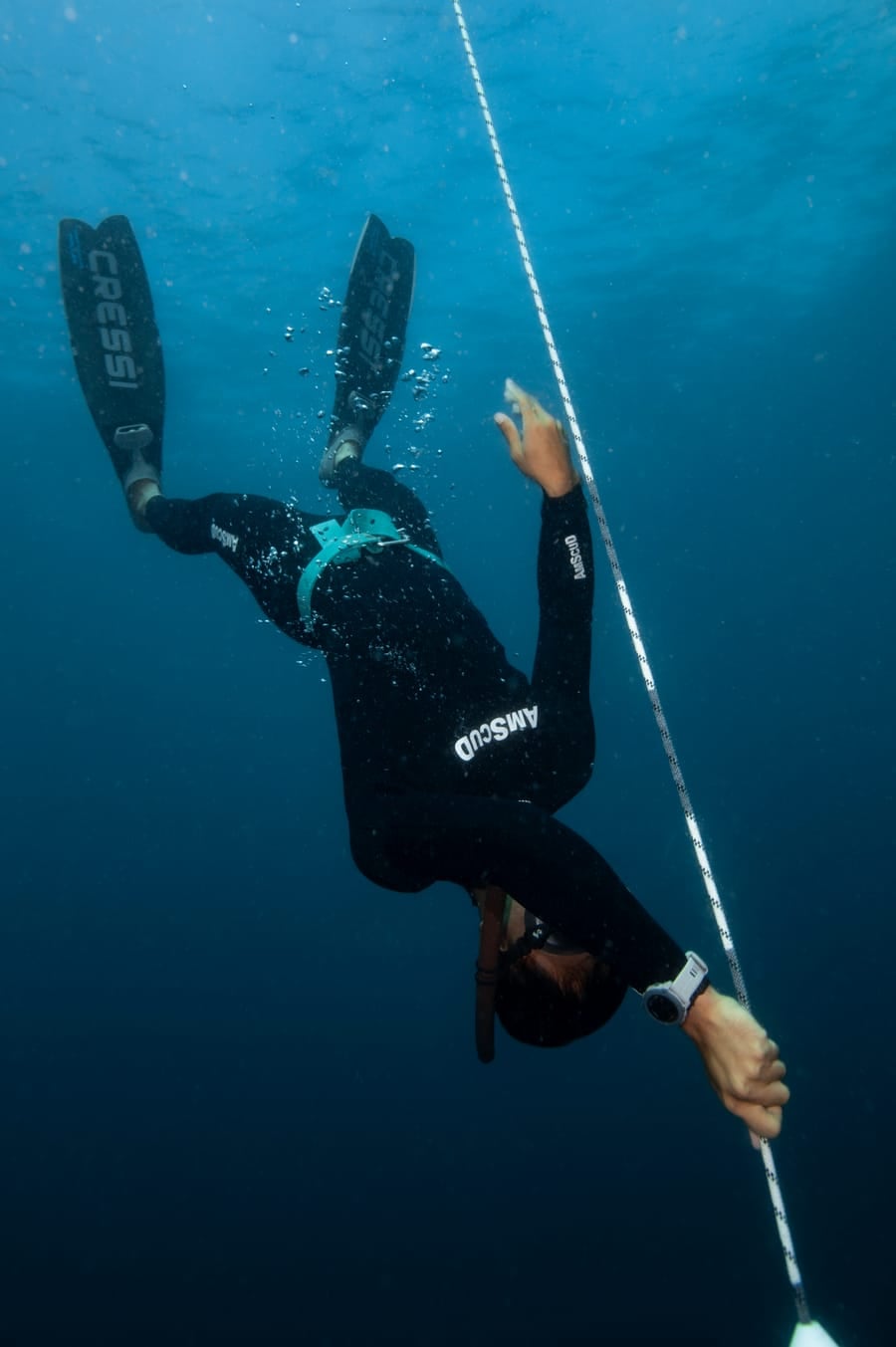 A freediver duck-diving head-down along the line