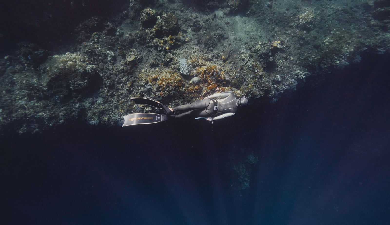 Freedivers gliding along a deep reef wall on one breath