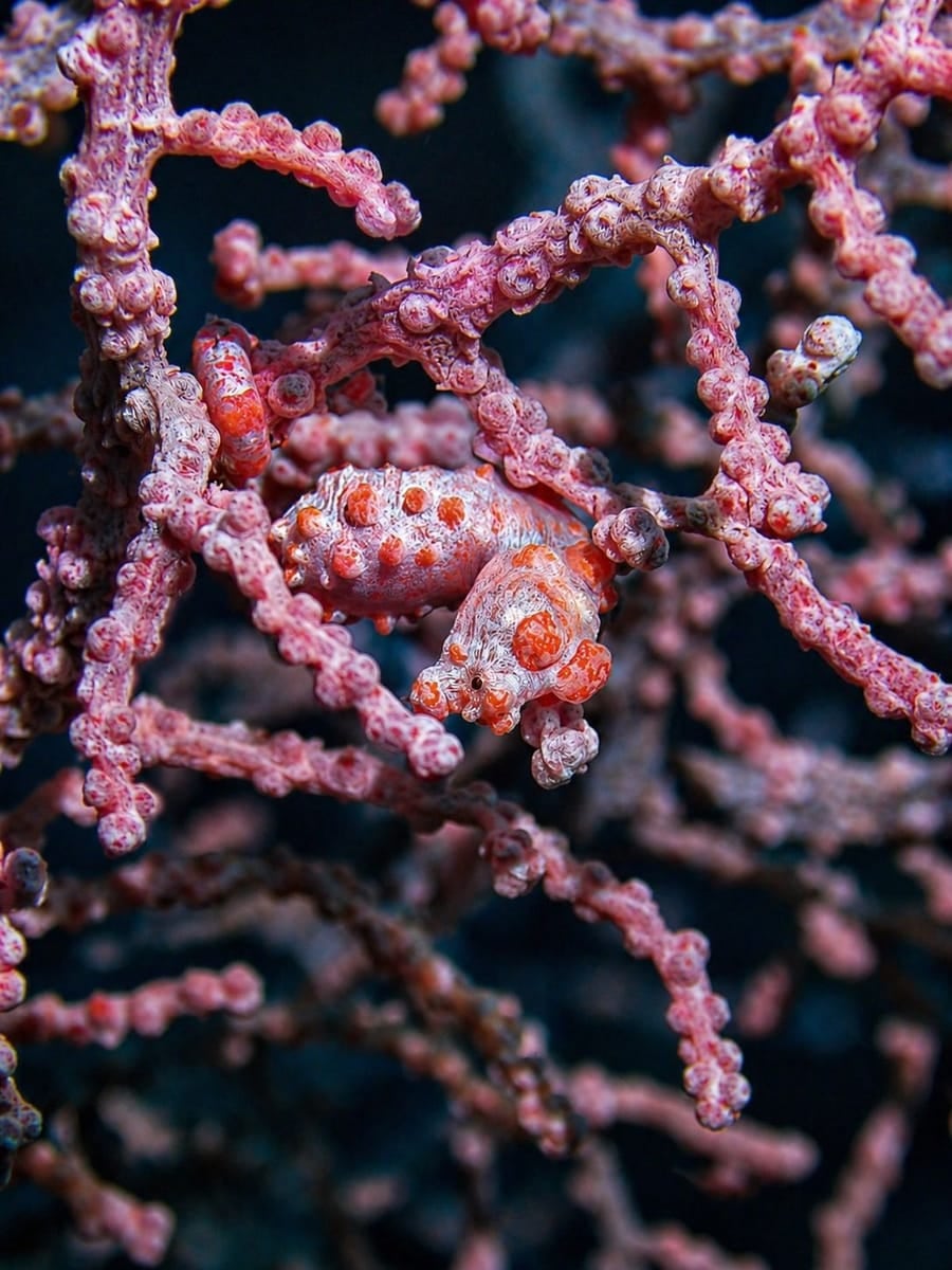 A pygmy seahorse in a gorgonian fan at Hans Reef